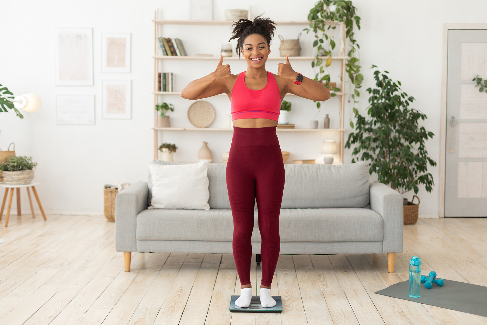 Fit Black Lady After Weight Loss Standing On Scales Gesturing Th Fit Black Lady After Weight Loss Standing On Scales Gesturing